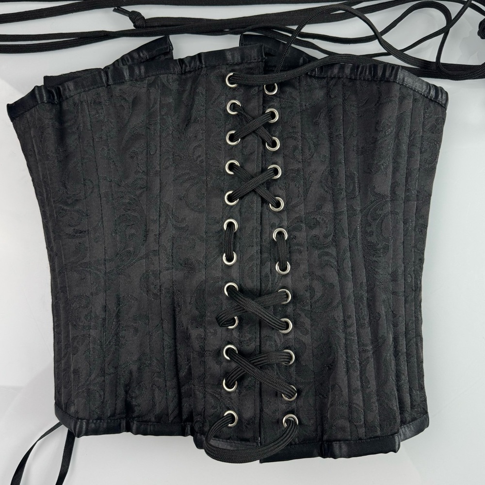 Vintage Goth Corset Steampunk Gothic Black Paisley Print Lace Up Satin Emo
